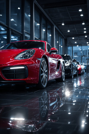 Car showroom features sleek red sports car and luxurious models in illuminated space during evening hoursの素材