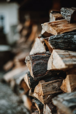 Stacked firewood in a rustic setting ready for winter use and cozy eveningsの素材