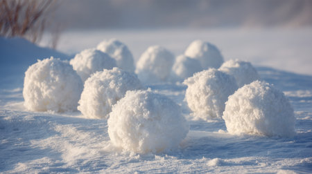 Snowballs scattered across a snowy landscape near a frozen lake during a sunny winter dayの素材