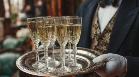 Elegant bartender serves champagne glasses on a silver tray at a luxurious event in the eveningの素材