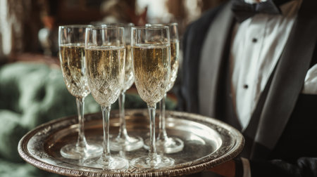Elegant waiter serving champagne in crystal flutes on a silver tray at a formal event in a luxurious settingの素材