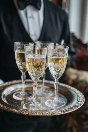Elegant waiter serves champagne glasses on a silver tray during a special event in an upscale venueの素材