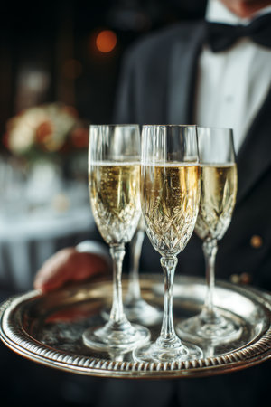 Elegant server presents sparkling drinks on a silver tray during an upscale event in a festive atmosphereの素材