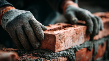 Building a sturdy wall with careful brickwork in a construction site during daylight hoursの素材