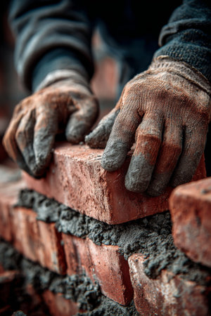 Construction worker laying bricks during a building project in the early morning light with tools and materials nearbyの素材