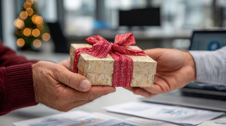 Giving a beautifully wrapped gift during a festive office gathering with blurred decorations in the backgroundの素材