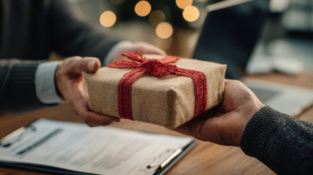 Gift exchange occurs during a festive gathering in a cozy office environment with soft holiday lightingの素材