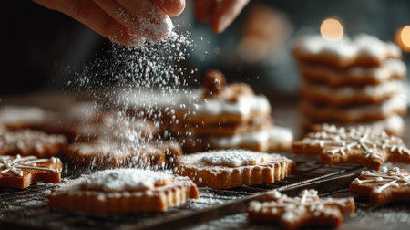 Festive cookie decorating with powdered sugar during a cozy winter holiday gatheringの素材