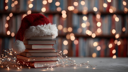 Holiday books stacked with a Santa hat on top, glowing lights in the backgroundの素材