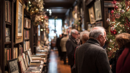 Visitors explore a charming bookshop filled with holiday decorations and vintage books in a cozy settingの素材