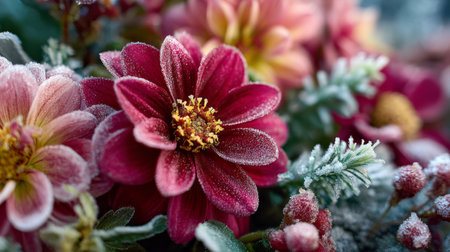 Bright pink and white flowers covered in frost during a chilly morning in a garden in early winterの素材
