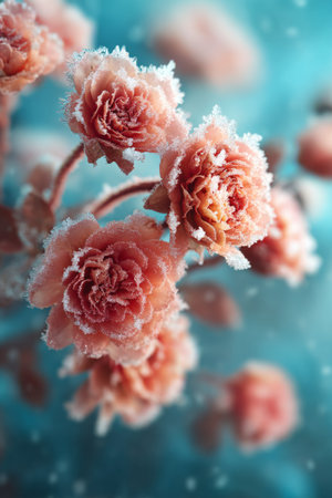 Beautiful frost-covered roses bloom amidst a serene winter backdrop in a chilly gardenの素材