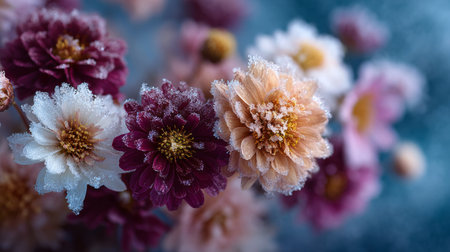 Frost-covered flowers create a stunning contrast against a cool blue background in a winter settingの素材