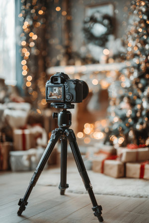 Camera on tripod set for holiday photography in cozy room filled with decorations and giftsの素材