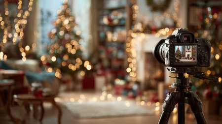Capturing holiday joy in a cozy living room decorated for Christmas with a camera on a tripod set for the perfect shotの素材