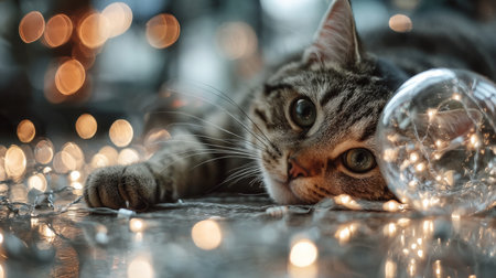 Cat resting peacefully among glowing fairy lights in a cozy indoor setting during evening hoursの素材