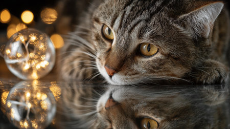 Curious cat rests by glowing orb in warm, cozy setting during evening hoursの素材