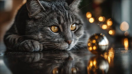 Curious grey cat watches shiny ball on a reflective surface with warm holiday lights in the backgroundの素材