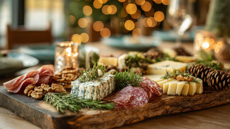 Festive cheese and charcuterie board displayed on a wooden table with warm festive lights in the backgroundの素材