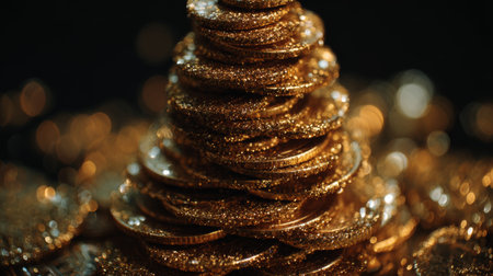 Shiny gold coins stacked in a pyramid shape on a dark backgroundの素材