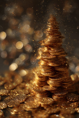 Golden coin tower sparkling under soft light creates a magical atmosphere for celebration and prosperityの素材