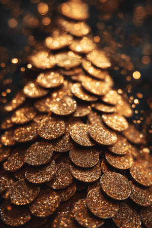 Golden coins stacked and shimmering with sparkles creating a festive atmosphere during the holiday seasonの素材