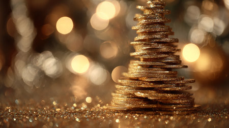 Stacked golden coins sparkle under warm lights for festive celebrations during winter seasonの素材