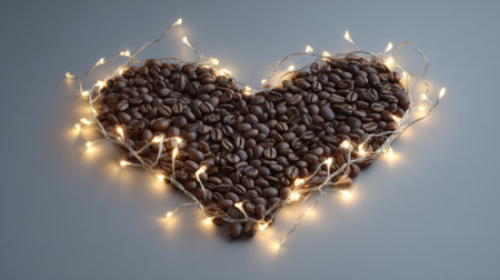 Heart-shaped coffee bean arrangement surrounded by warm lights creates a cozy atmosphereの素材