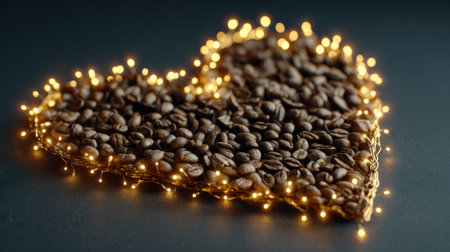 Heart-shaped arrangement of coffee beans surrounded by warm fairy lights for a cozy atmosphereの素材