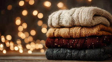 Cozy knitted sweaters stacked stylishly against a festive backdrop of warm, soft lights during the autumn seasonの素材