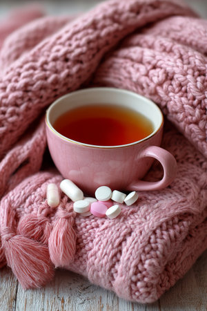 Warm tea and medicine arranged on a cozy pink knit blanket during a calm afternoonの素材