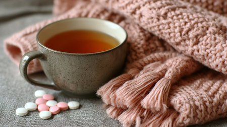 Cozy scene with a warm cup of tea and soft pink blanket during a chilly day at homeの素材