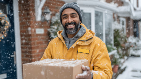 Delivery man smiles while holding a package in the snow on a winter day outside a cozy homeの素材