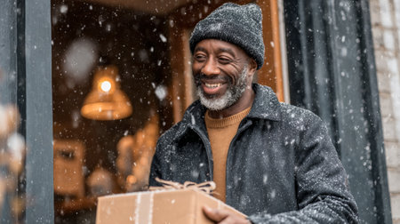 Happy man holding a gift box during snowfall at a cozy entrance in winter seasonの素材