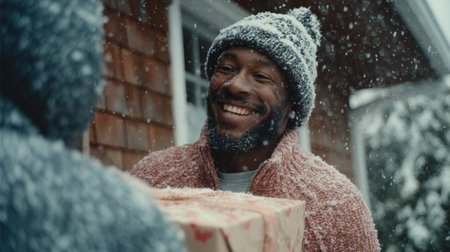 Man with gift smiles while snow falls during winter season near a cozy homeの素材