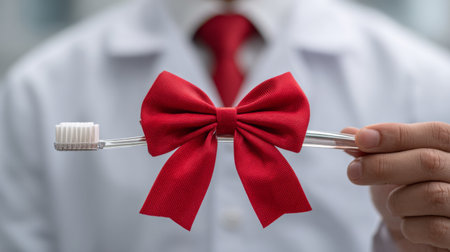 Dentist holding a toothbrush decorated with a red bow in a bright clinic setting promoting dental careの素材