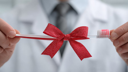 Creative dental care gift idea with red bow on toothbrush held by dentist in clinicの素材