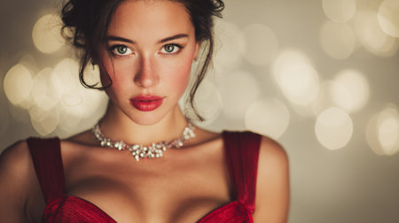 Elegant woman in red dress with striking necklace against soft bokeh background during a festive evening settingの素材