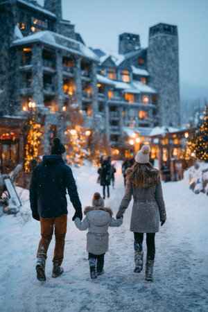 Family stroll through a snowy resort village illuminated by festive lights in winterの素材