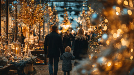 Family stroll through a festive market filled with sparkling holiday decorations in winterの素材