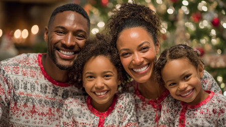 Family celebration during the holidays with matching festive pajamas near a decorated Christmas treeの素材