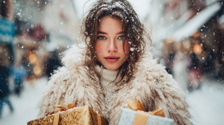 Young woman in winter coat with gifts on snowy street during holiday season festivitiesの素材