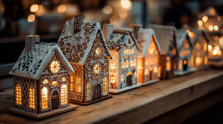 Gingerbread houses decorated with lights fill a warm display for the holiday season at a local marketの素材