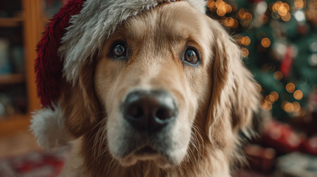 Golden retriever wearing Christmas hat in cozy living room with decorated tree in the backgroundの素材