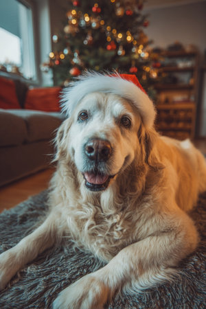 Golden retriever wearing Santa hat relaxes by the Christmas tree in a cozy living room settingの素材