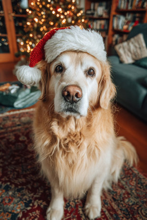 Golden retriever wearing a festive Christmas hat in a cozy living room with a decorated treeの素材