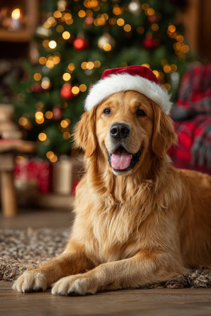 Golden retriever in a Santa hat relaxing by a Christmas tree during the holiday seasonの素材