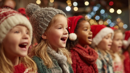 Children joyfully singing holiday songs during a festive Christmas celebration in a decorated venueの素材