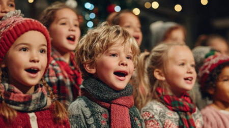 Children singing joyfully during a holiday performance at a festive gatheringの素材