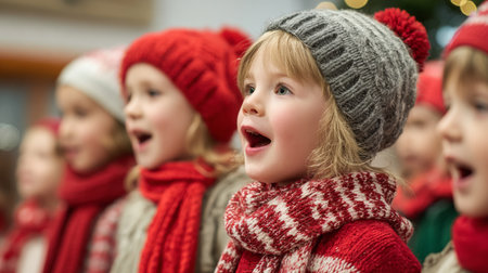Children joyfully sing together in warm winter clothing during a festive event in a cozy indoor settingの素材